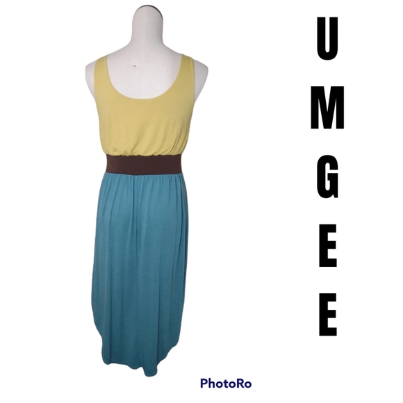 Umgee USA High Low Yellow Brown Blue Boho Tank Flowing Dress Size Medium - Picture 2 of 3